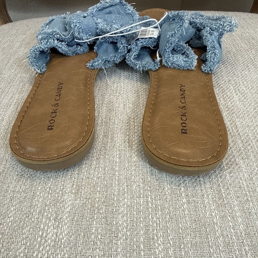 Rock & Candy Frayed Denim Bow Cute Chic Stylish Summer Casual Sandals - Picture 6 of 12